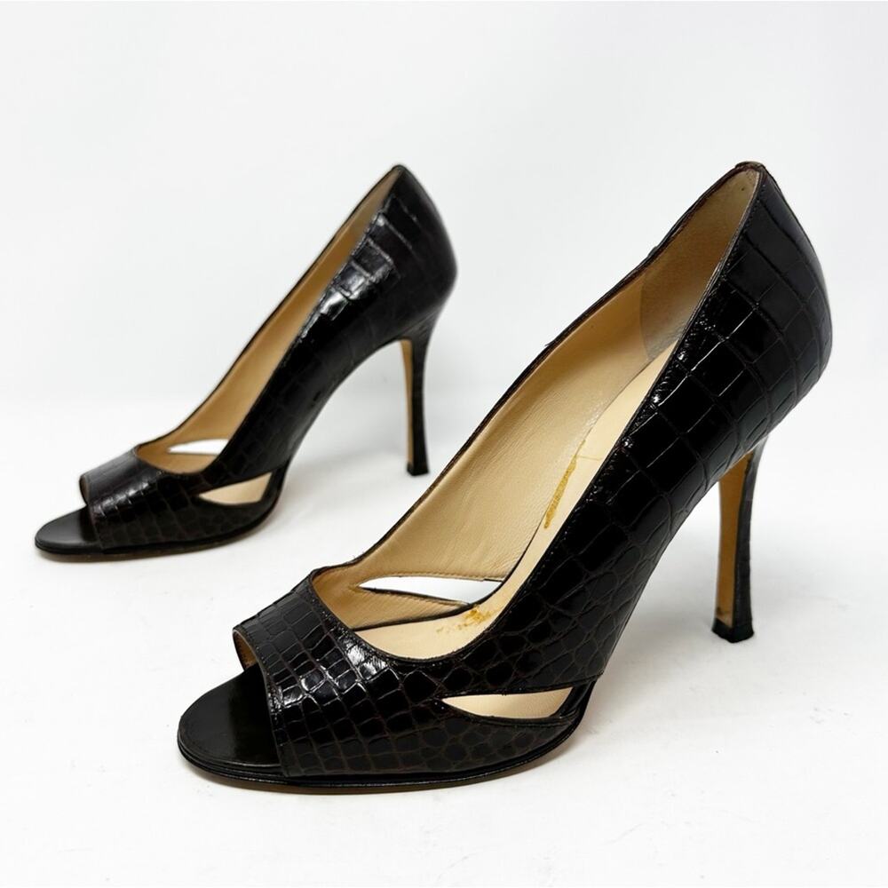 Manolo Blahnik Farinelli Croc Peep Toe Cutout Stiletto Heels Womens Size EU 36